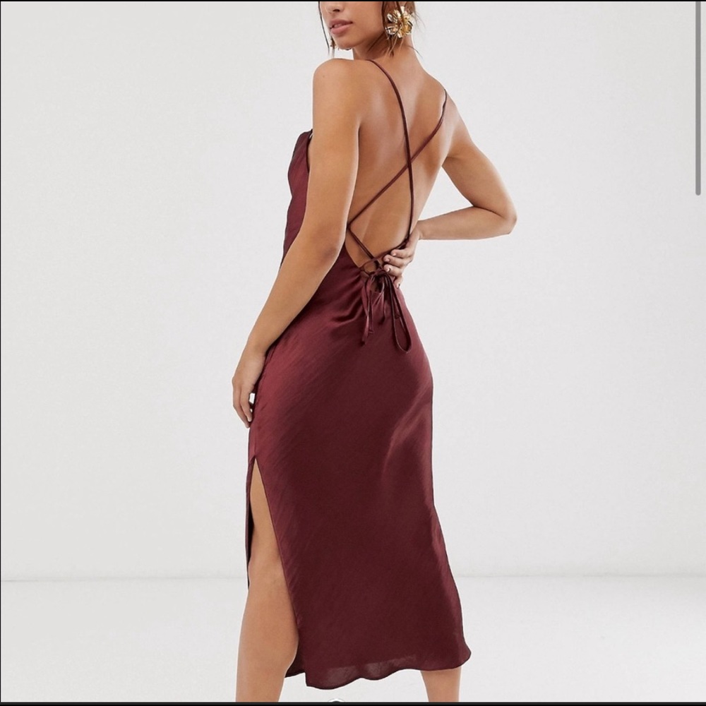 ASOS satin midi dress with lace up back burgundy
